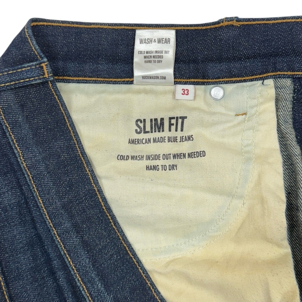 Buck Mason Jeans Mens 33x31 Blue Selvedge Denim Slim Dark Wash Faded USA Made - Picture 10 of 14